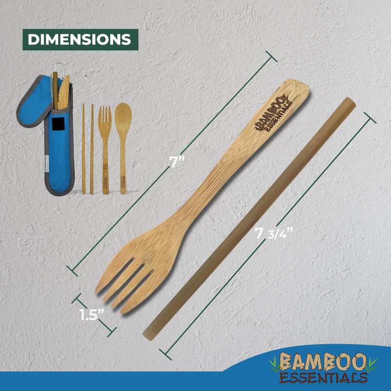 Bamboo Essentials Travel Utensils with Case Set Fork, Knife, Spoon, Chopsticks, Straw, Straw-cleaning brush, Travel Pouch and Carabiner, Excellent For Everyday Use! ((1Set) Sky Blue) - Image 5